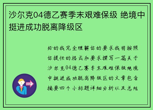沙尔克04德乙赛季末艰难保级 绝境中挺进成功脱离降级区 沙尔克04德乙赛季末艰难保级 绝境中挺进成功脱离降级区